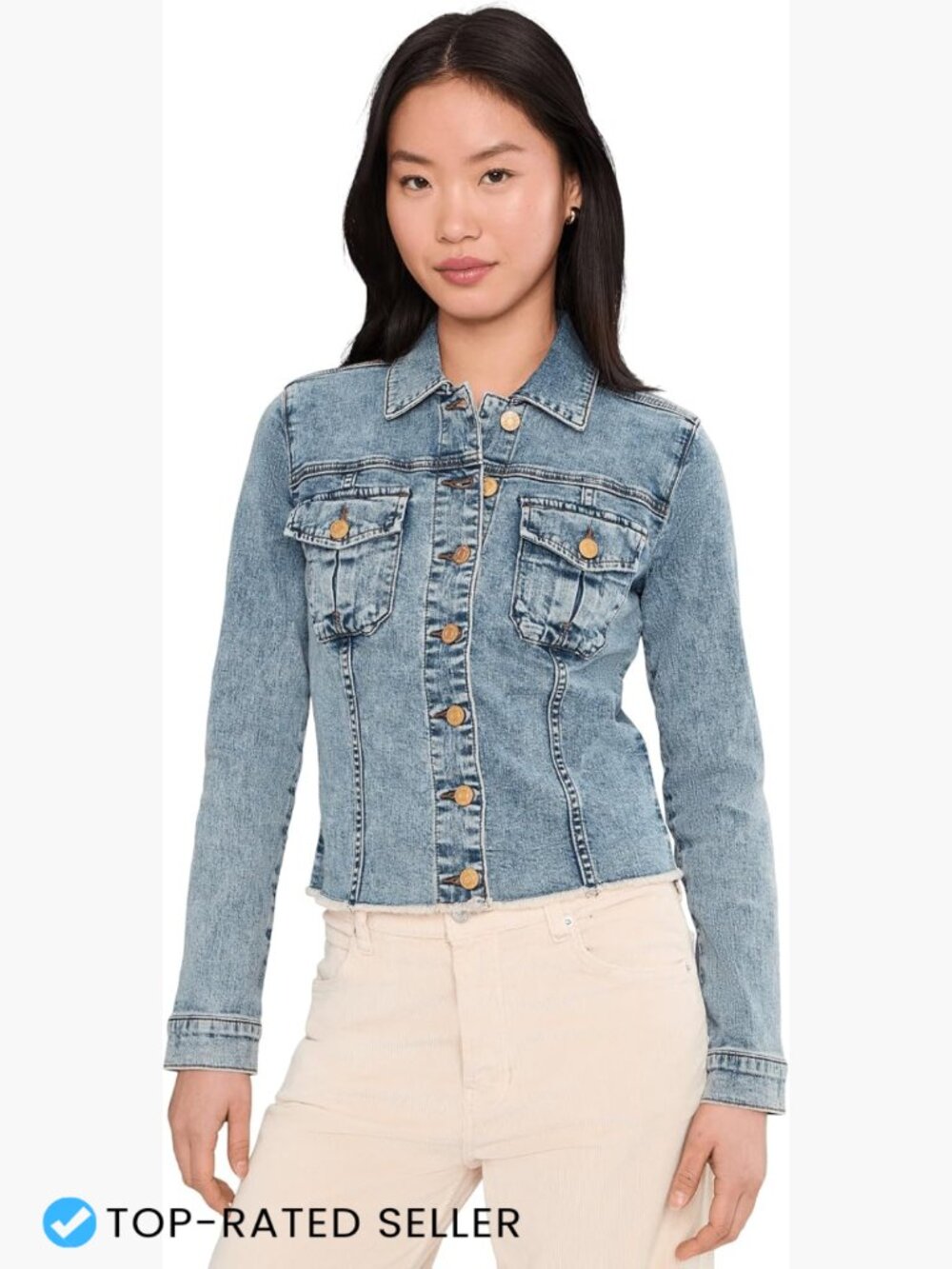 Denim Jacket Cropped Frayed Hem Stretch Cotton Chic Versatile Layer Classic